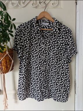 croft & barrow Floral Black White Yellow Button-Up Top XL